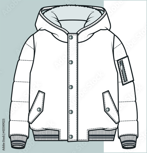 COAT, Fashion flat sketch. Technical drawing APPAREL template. Hooded coat flat drawing for kids