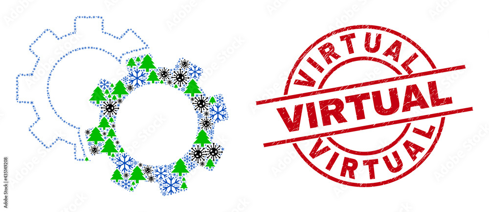 Winter viral mosaic cogs, and dirty Virtual red round watermark. Collage cogs is done from viral, green tree, and snow icons. Red Virtual watermark uses circles and lines. Winter viral mosaic cogs, and dirty Virtual red round watermark. Collage cogs is done from viral, green tree, and snow icons. Red Virtual watermark uses circles and lines.