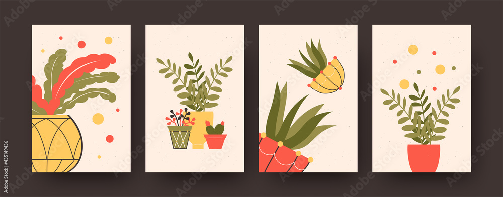 Set of contemporary posters with different potted plants. Aloe and flowers in pots pastel vector illustrations. Houseplants concept for kitchen or living room designs, social media, postcards