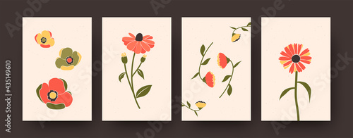 Bright floral collection of contemporary art posters. Set of decorative flowers in pastel colors on beige background. Flowers and blossom concept for banners, postcard invitation designs, backgrounds