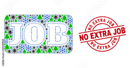 Winter coronavirus collage job caption, and rubber No Extra Job red round watermark. Collage job caption is created with Covid-2019, forest, and frost icons.