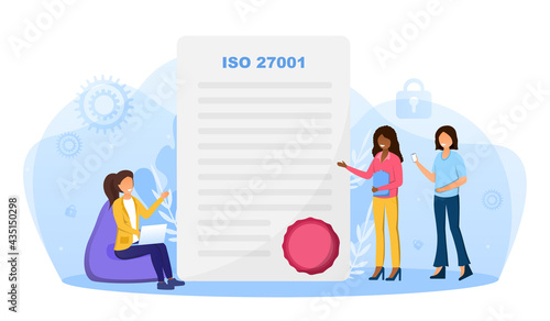 Three young female characters are presenting ISO 27001 certificate with stamp