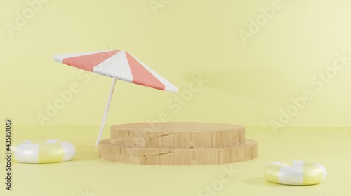 3D background renderings, wooden podium with beach umbrella in the middle of the beach and sand with a float wheel for presentation products, summer vacation themes, for web pages, image backgrounds