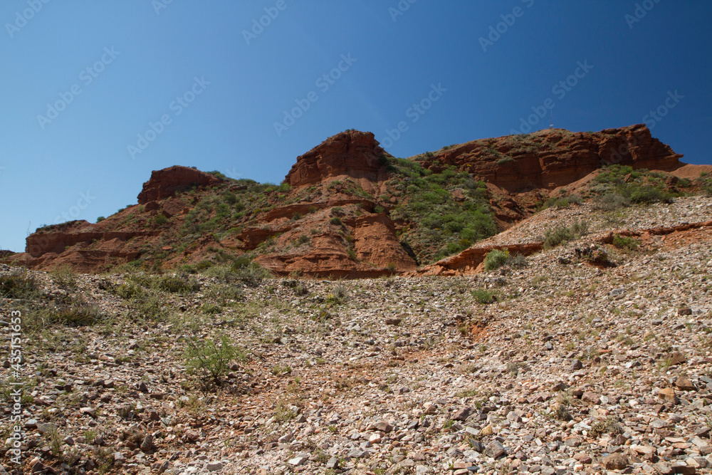The arid desert. View of the red canyon sandstone formations, cliffs and mountains in a hot sunny day.
