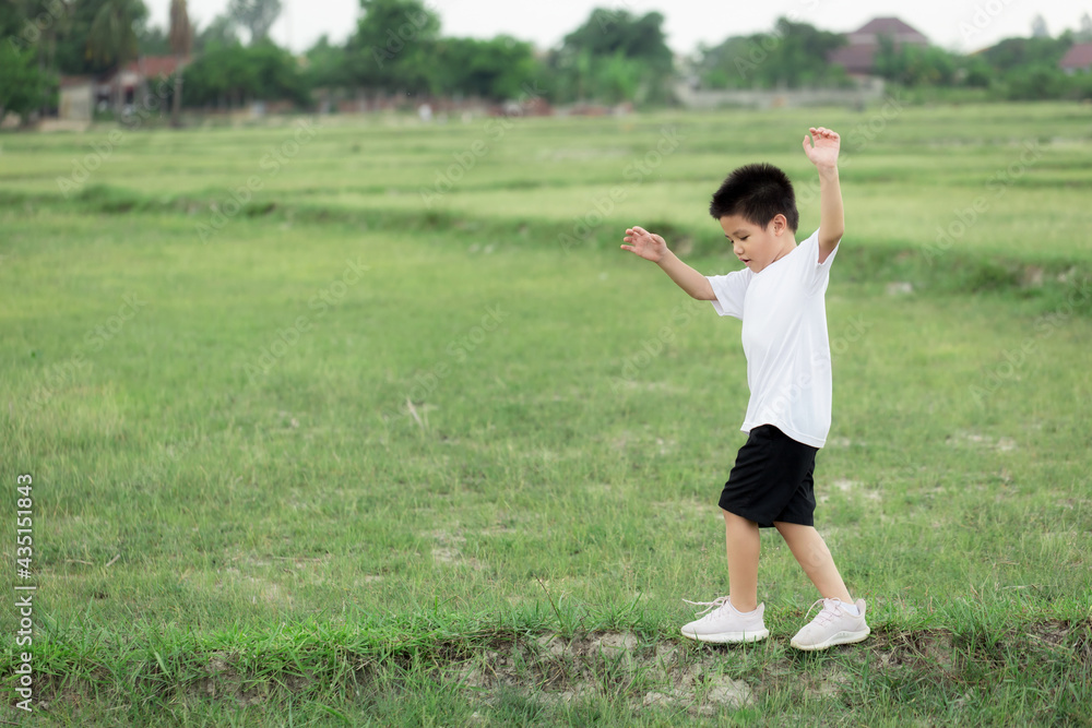 happy little Asian boy run on the field happy little Asian boy run on the field