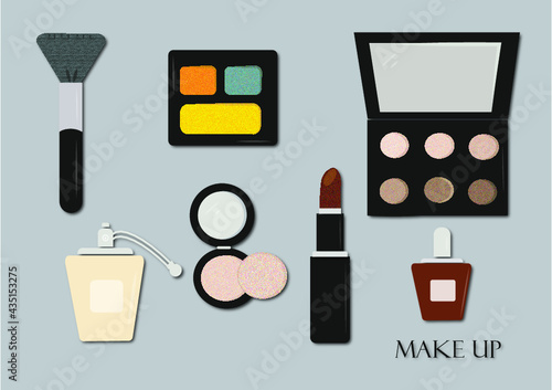 Conjunto de iconos de make up. Maquillaje. Belleza. Cosmeticos. Labial, barniz de uñas, sombras, corrector, perfume, brocha. Cartoon. Dibujos. Vectores. Iconos.
