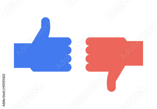 Blue Thumbs Up and Red Thumbs Down. Vector thin line icon symbols for opposite ideas. Liking and disliking, approval and disapproval, praise and condemn. Social media, chatting and internet graphics