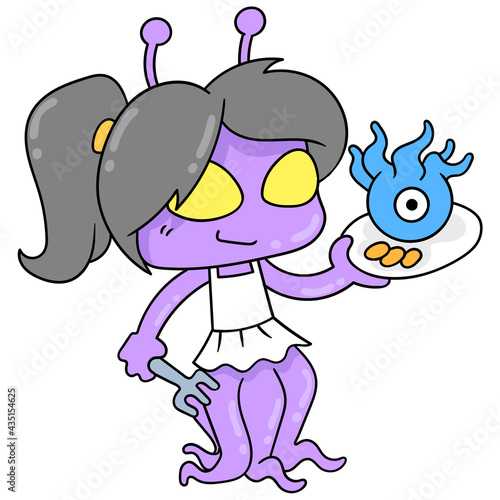 The female octopus is serving the cooked food, doodle icon image kawaii