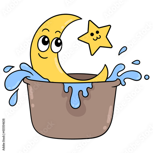 the moon and the stars are bathing and soaking together in the bath, doodle icon image kawaii