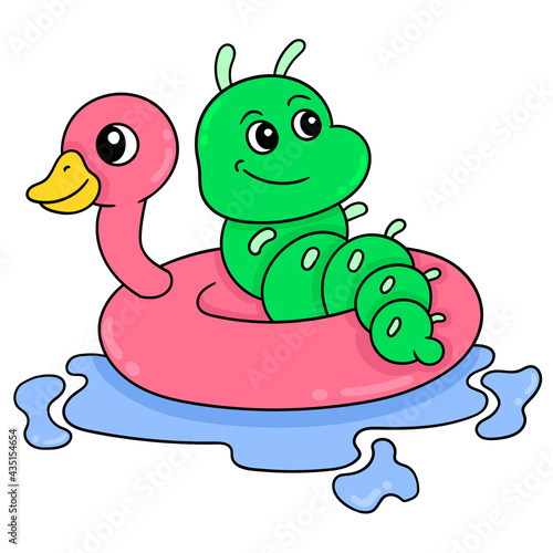 a green caterpillar is relaxing on a duck tire, doodle icon image kawaii