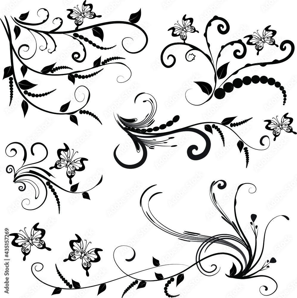 Calligraphic decorative elements with lines and butterfly design set Calligraphic decorative elements with lines and butterfly design set