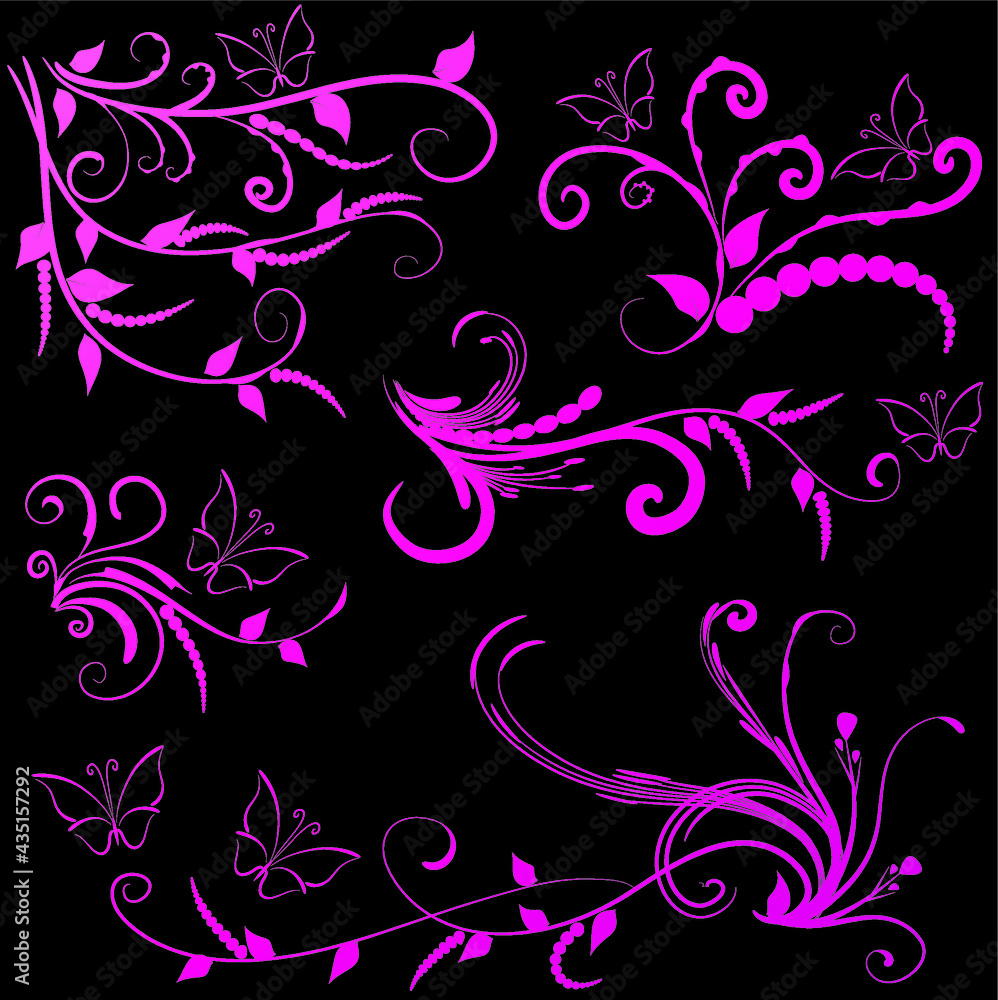 Calligraphic decorative elements with lines and butterfly design set Calligraphic decorative elements with lines and butterfly design set