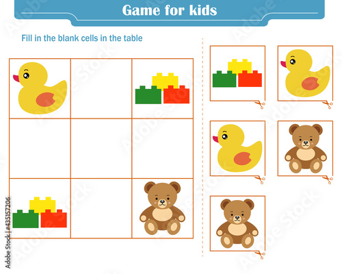  Logic game for children. Fill in the blank cells in the table so that in each row and column the element appears only once