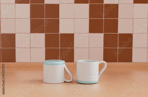 Two coffee cups side by side on brown color front view kitchen counter top with faience brown faience tiled wall, 3d Rendering, close-up view