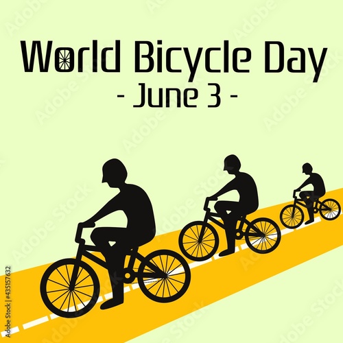 Vector theme of World bicycle day June 3. Silhouette illustration of 3 people cycling on the highway isolated in light green color