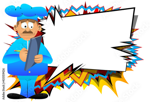 Fat male cartoon chef in uniform writing on a books cover. Vector illustration. Cook with a notebook taking notes.