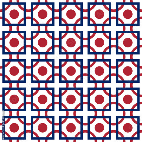 intersected outline squares and circles, red and blue vector geometrical seamless pattern