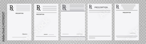 Prescription pad, rx medical form. Realistic set paper document template of doctor's prescription. An example of a recipe for design. Medical marks report, healthcare concept. Vector illustration.