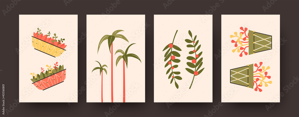 Contemporary posters set with aloe barberae and flowers in pots. Colorful potted plants pastel vector illustrations. Houseplants concept for kitchen or living room designs, social media, postcards