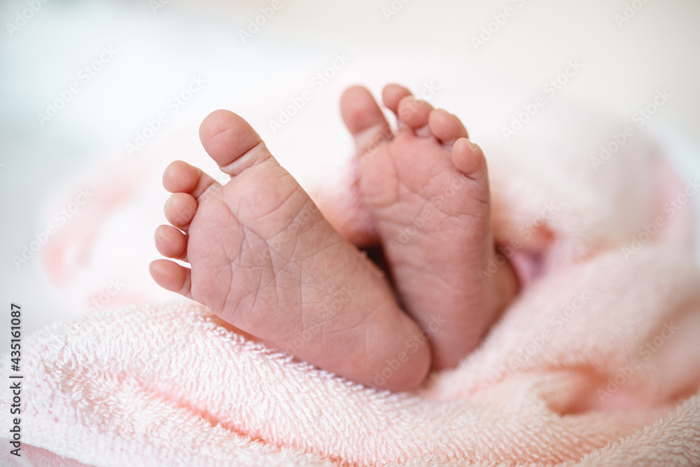 Baby girl's feet cover in a pink towel. Tiny Newborn Baby's feet closeup. Happy child concept