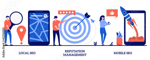 Local SEO, reputation management, mobile SEO concept with tiny people. Search engine optimization services abstract vector illustration set. Market analytics, customer feedback analysis metaphor