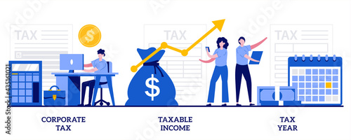 Corporate tax, taxable income, tax year concept with tiny people. Tax payment abstract vector illustration set. Company auditing, bookkeeping and accounting, finance analytics metaphor