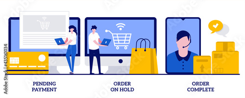 Pending payment, order on hold, order complete concept with tiny people. Electronic payment system, internet shopping, commercial business abstract vector illustration set