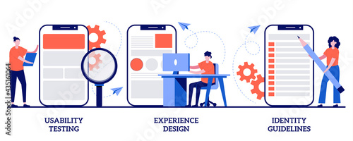 Usability testing, experience design, identity guidelines concept with tiny people. App prototyping abstract vector illustration set. User friendly interface development, branding plan metaphor