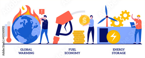 Global warming, fuel economy, energy storage concept with tiny people. Greenhouse effect, climate change, petroleum industry, electrical power plant abstract vector illustration set