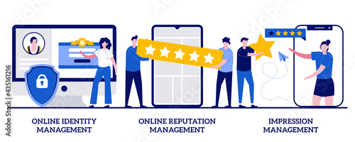 Online identity management, online reputation management, impression management concept with tiny people. Web presence establishment, crm software, self presentation abstract vector illustration set