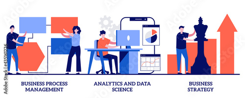 Business process management, analytics and data science, business strategy concept with tiny people. Workflow organization, statistical analysis, corporate planning abstract vector illustration set