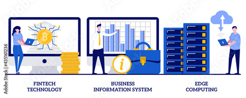 FinTech technology, business information system, edge computing concept with tiny people. IT infrastructure and technology integration vector illustration set. Payment processing, network metaphor