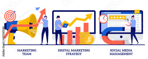 Marketing team, digital marketing strategy, social media management concept with tiny people. SMM, brand insight, campaign strategy development, online channels abstract vector illustration set
