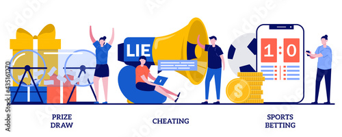 Prize draw, cheating, sports betting concept with tiny people. Internet gambling problem abstract vector illustration set. Lottery awards raffle, unfair victory and fraud metaphor