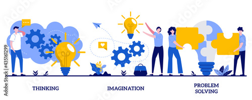 Thinking, imagination, problem solving concept with tiny people. Brain activity abstract vector illustration set. Brainstorming, idea and fantasy, motivation and inspiration, find solution metaphor