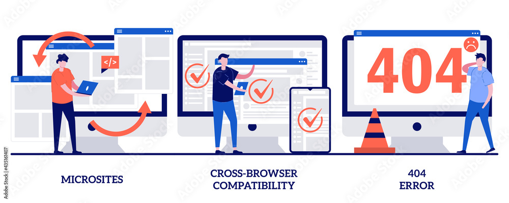 Microsite interface, cross-browser compatibility, 404 error concept with tiny people. Web development vector illustration set. Programming, company page, page not found, website user metaphor