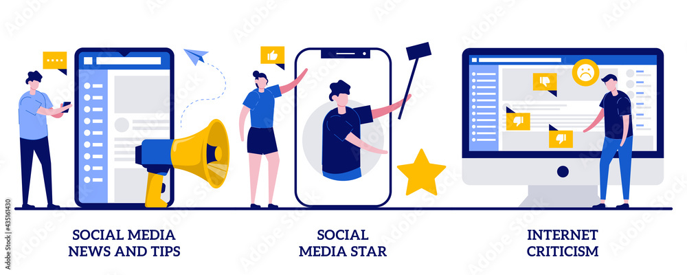 Social media news and tips, social media star, internet criticism concept with tiny people. Set of digital content, influencer, personal blog, hate speech, comments and share, fake profile