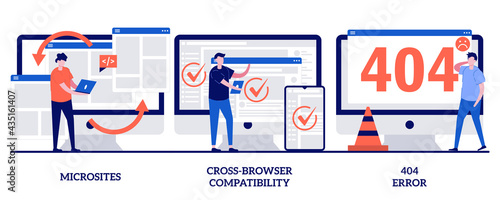 Microsite interface, cross-browser compatibility, 404 error concept with tiny people. Web development vector illustration set. Programming, company page, page not found, website user metaphor