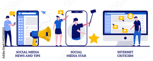Social media news and tips, social media star, internet criticism concept with tiny people. Set of digital content, influencer, personal blog, hate speech, comments and share, fake profile