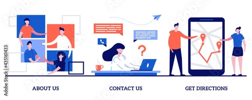 About us, contact us, get directions concept with tiny people. Company information vector illustration set. Website menu, starting web page, business profile, office information, navigation metaphor