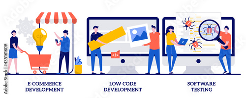E-commerce development, low code development, IT software testing concept with tiny people. Application software vector illustration set. Online shopping app coding, QA team, bug fixing metaphor