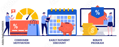 Consumer motivation, early payment discount, rebate program concept with tiny people. Sale growth strategy abstract vector illustration set. Customer loyalty, sales invoice, discount coupon metaphor