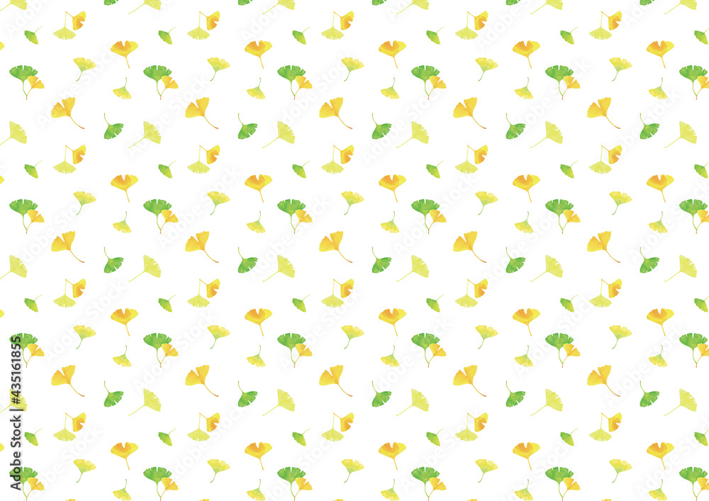 おどるイチョウの葉。水彩イラスト 背景素材 A4、A3比率（白背景）