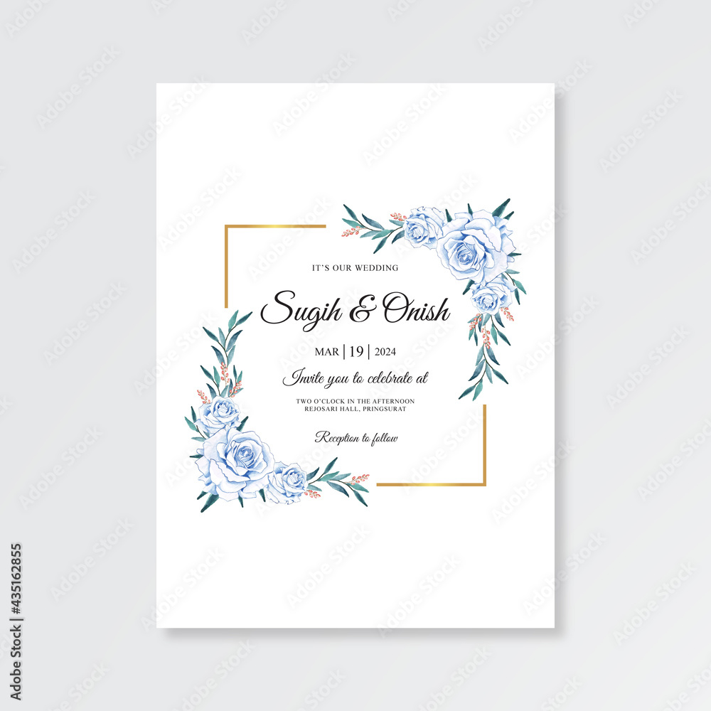 Minimalist wedding card template with hand drawn floral watercolor