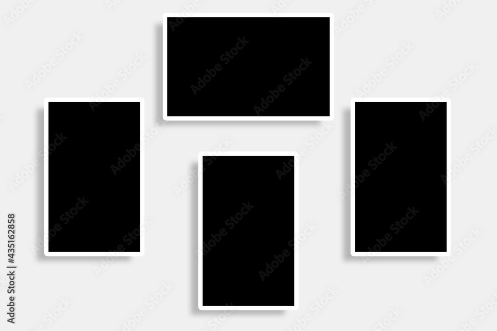 4 Rectangle photo frames in black and white colors with clean rectangular borders and elegant layout. Used as a collage template for your gallery pictures or photographs with a classic old look style.