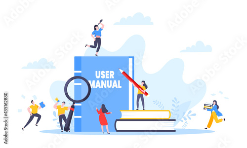 User manual guide book flat style design vector illustration. Tiny people, magnifying glass and guidance manual instructions working together with guide book. Specifications user guidance document.