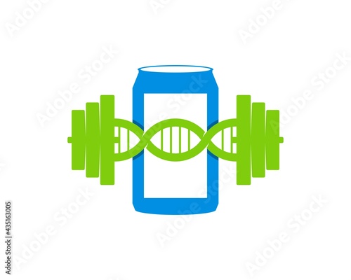 Gym barbel with DNA symbol and energy drink in the behind
