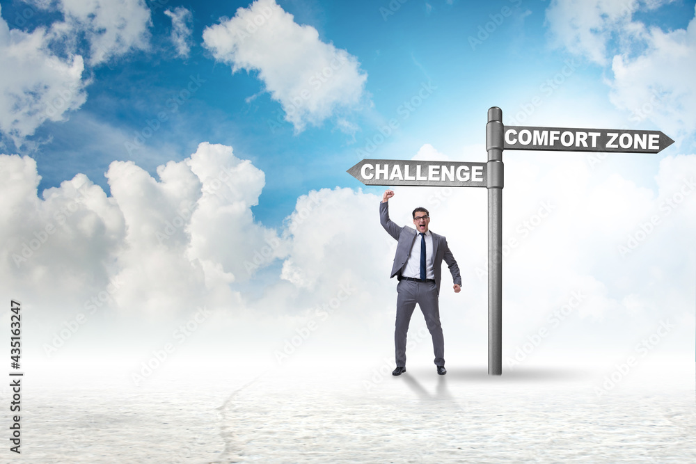 Businessman choosing between leaving comfort zone or not Businessman choosing between leaving comfort zone or not