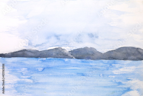 watercolor painting sea landscape and mountain.