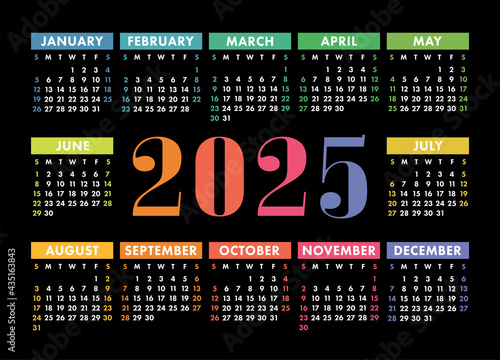 Calendar 2025 year. English colorful vector horizontal wall or pocket calender template. Design. New year. Week starts on Sunday
